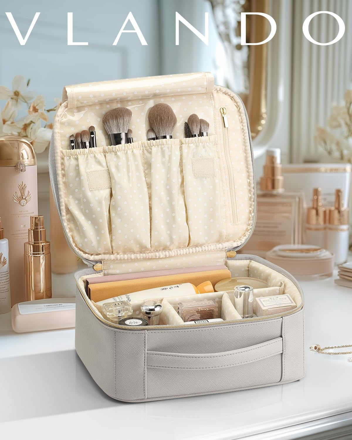 Travel Makeup Cosmetic Case Organizer Portable Storage Bag with Adjustable Dividers for Cosmetics Makeup Brushes, Girls, Women, Friends.(Gray)