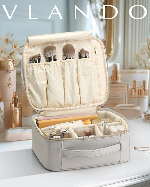 Travel Makeup Cosmetic Case Organizer Portable Storage Bag with Adjustable Dividers for Cosmetics Makeup Brushes, Girls, Women, Friends.（Gray）